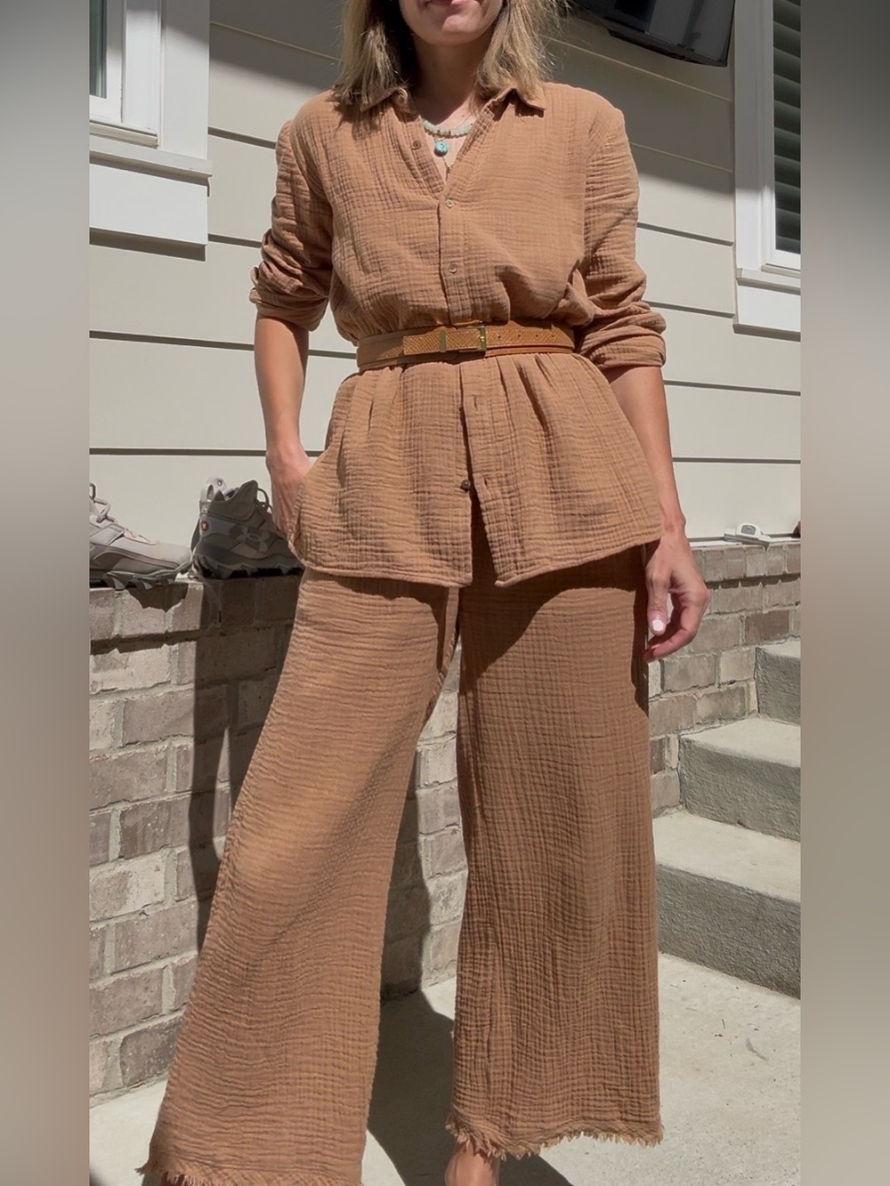 Eileen Fisher Organic Cotton Gauze Wide-Leg Pant and Classic Shirt Tan X-Small
